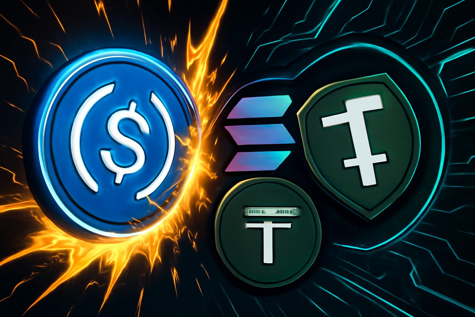 USDC 在调整后的成交量中超过 USDT；Solana 在链上对以太坊取得领先地位